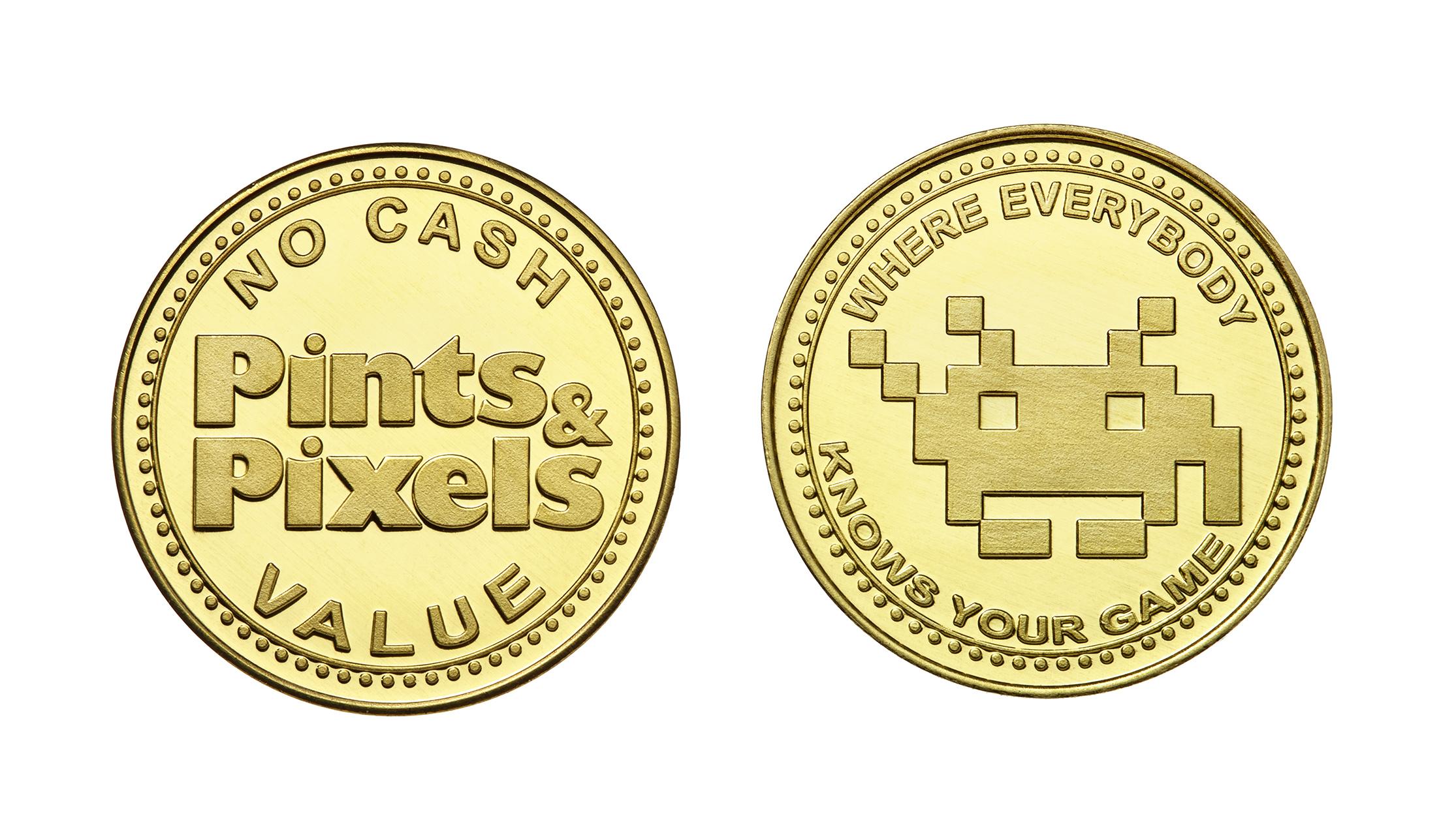 Pints & Pixels custom brass tokens